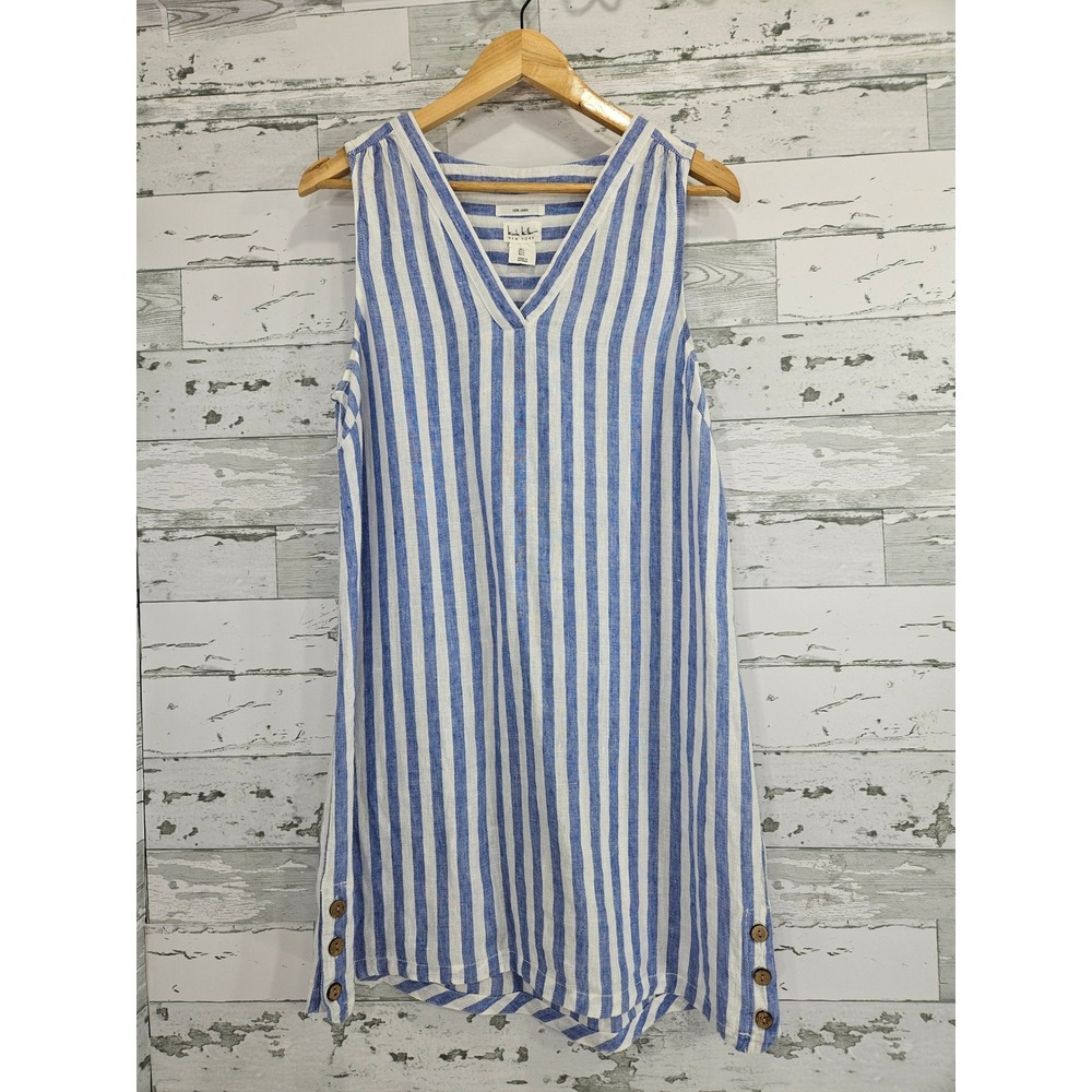 Nicole Miller New York Womens Blue White Striped 100% Linen V-Neck Dress L